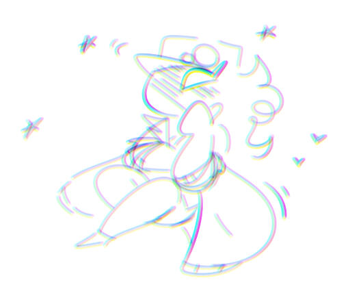 colorful image of a floating figure with stars orbiting it, long curly hair. it has a hand pressed to its chin.